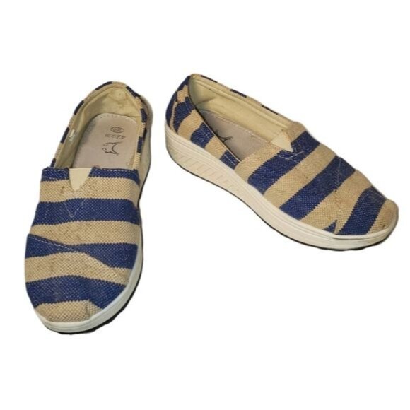 Minika Canvas Shoes Wedge Stripe Slip On Navy Cream Women's Size 10 WOMAN'S - Picture 2 of 12